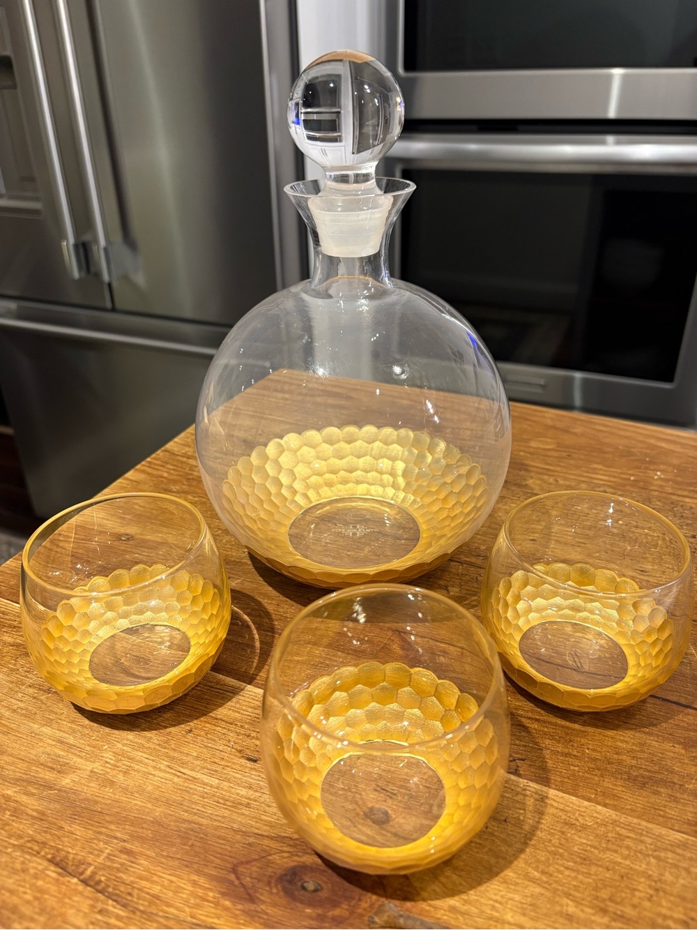Daphne by Fitz and Floyd Gold Honeycomb Glass Decanter and Tumblers